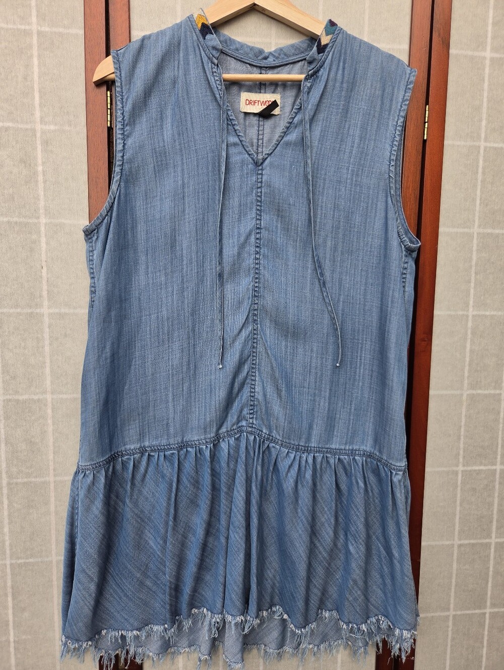 Driftwood Shaye Denim Mini Dress Embroidered Collar Raw Hem Boho Western Coastal